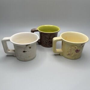 Vintage Midcentury Kay Finch Art Pottery Cup Mug Rooster Lot of 3 Set Chicken‎